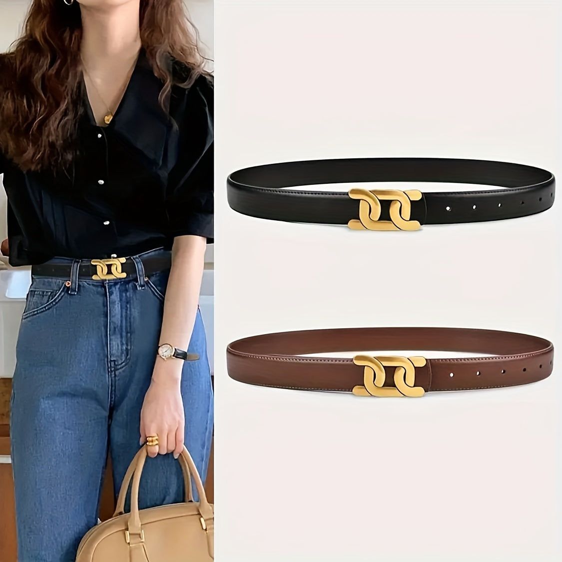 1pc Vintage-Style PU Leather Belt with Golden Alloy Buckle - Black or Brown, Multiple Lengths Available, Perfect for Jeans, Casual Wear, and Everyday Outfits